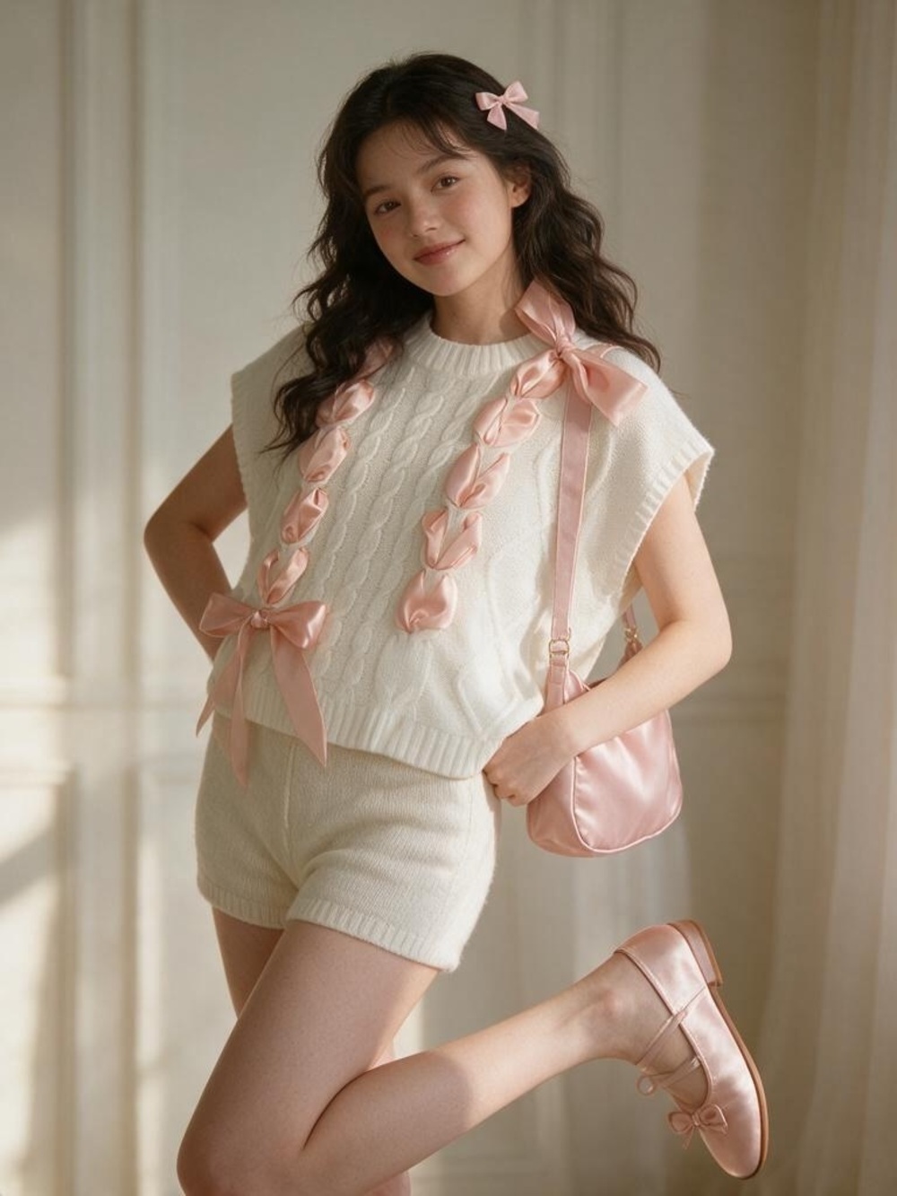 Women’s Cream Cable Knit Sleeveless Crewneck Sweater with Pink Ribbon Detail